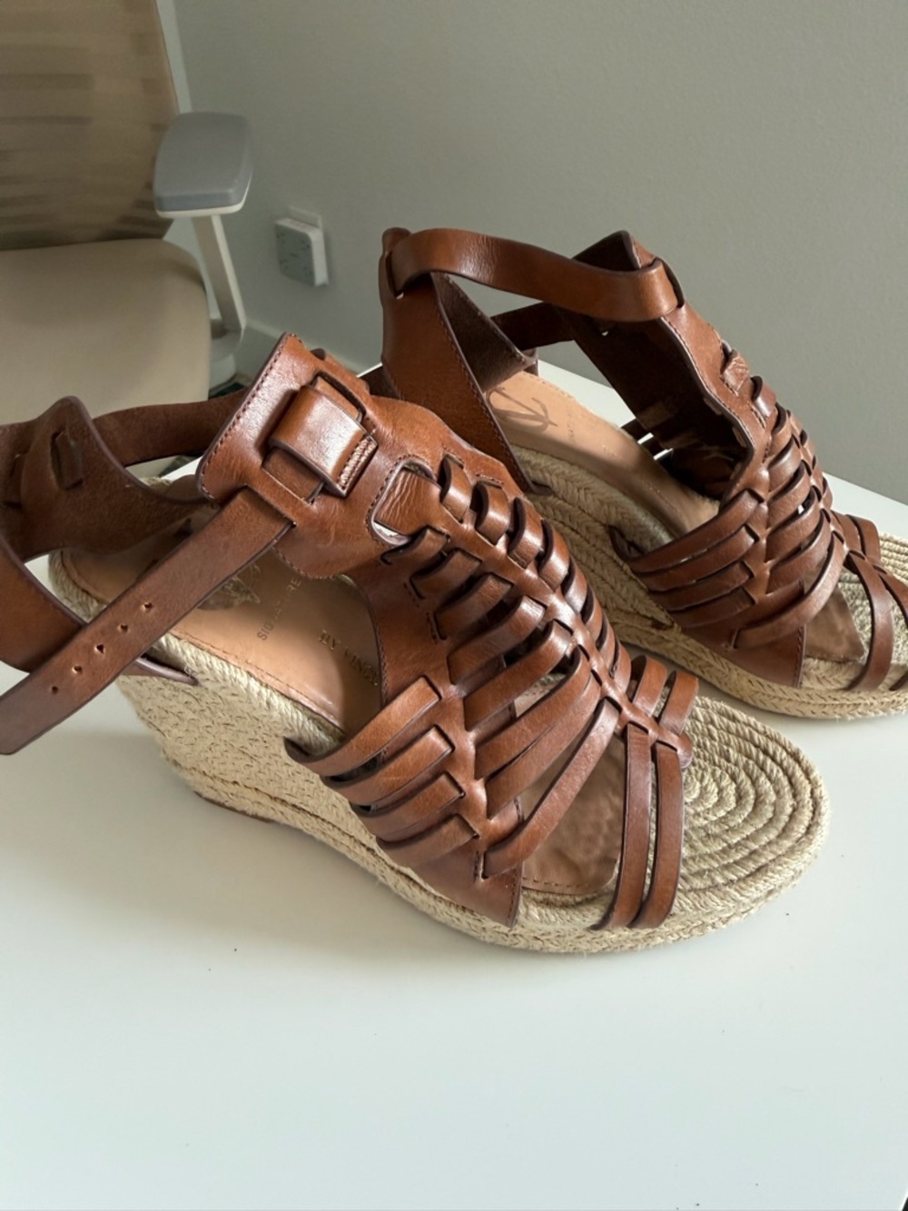Vince Camuto Chestnut Brown Woven Leather Espadrille Wedge Sandals